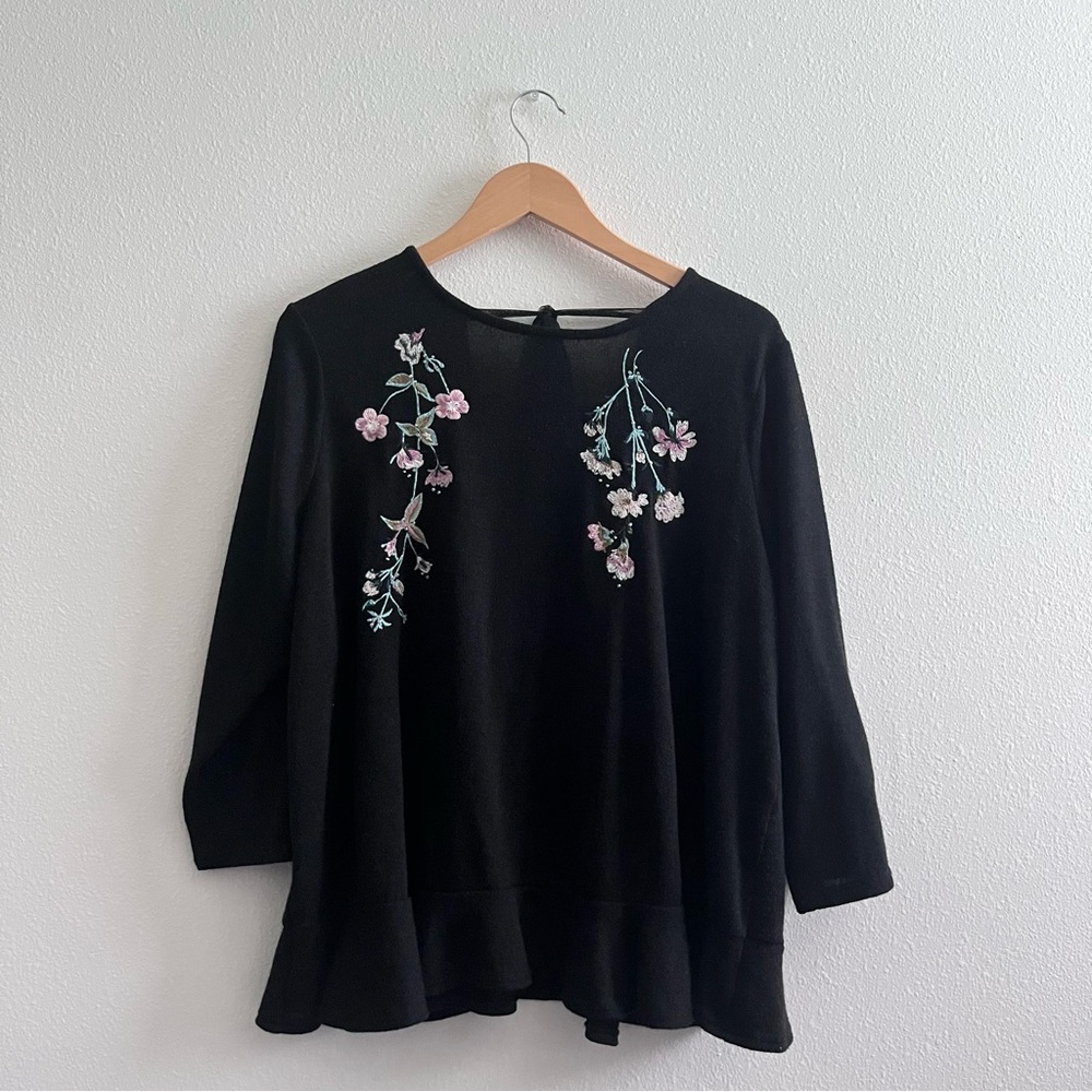 Lauren Conrad Black Knit Floral Embroidered Peplum Bow Back Sweater